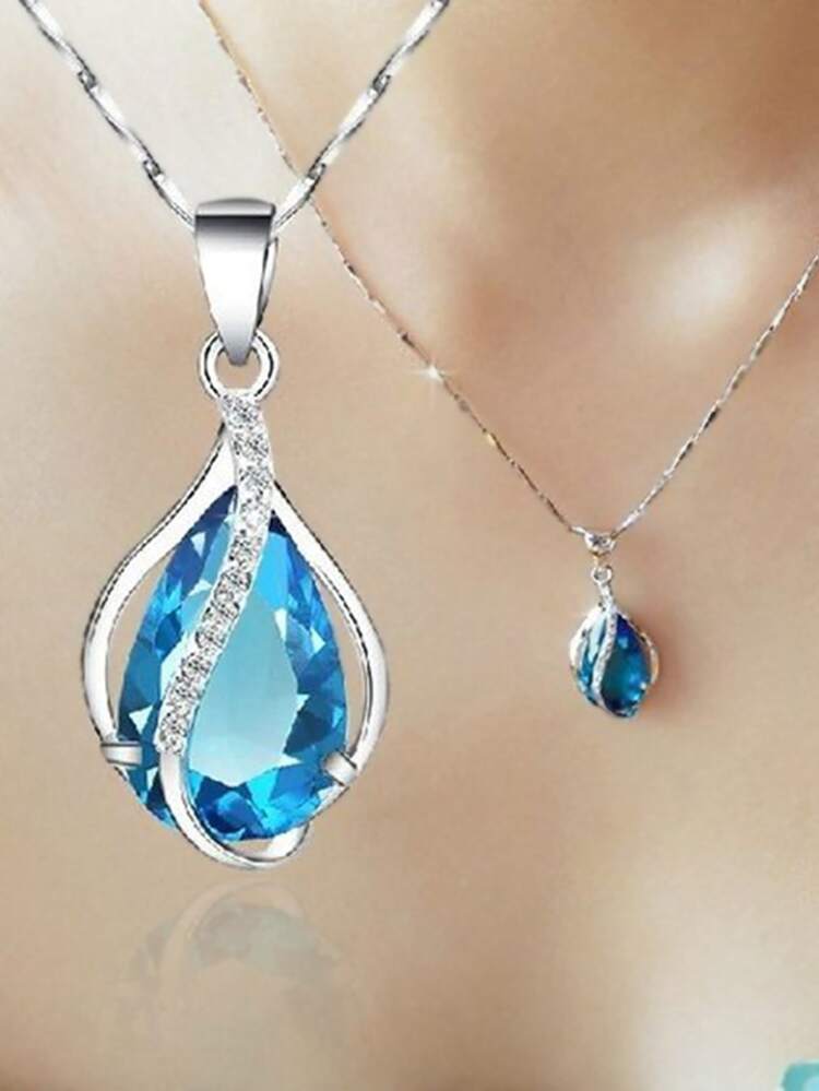 1PC Fashion Blue Cubic Zirconia Necklace Pendant For Women Valentine's Day Gift Wedding Jewelry Valentines,Mom,Mother,Mother's Day,Gift