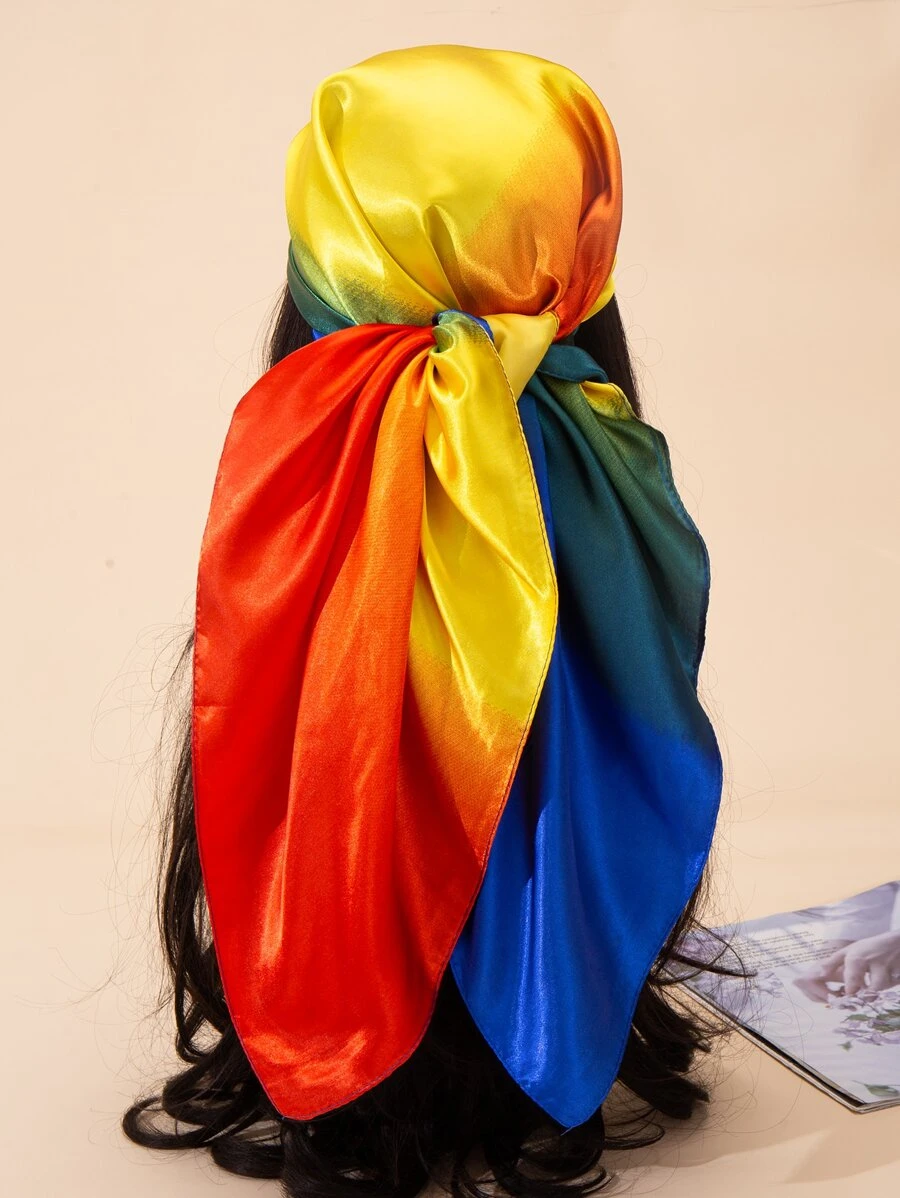1pc Rainbow Colored Georgette Square Scarf Headband Shawl - Multicolor - View 1