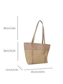 撞色海灘風格大容量編織托特包 - 卡其色 - 查看 2