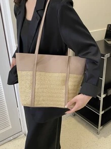 撞色海灘風格大容量編織托特包 - 卡其色 - 查看 4