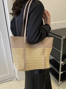 撞色海灘風格大容量編織托特包 - 卡其色 - 查看 5