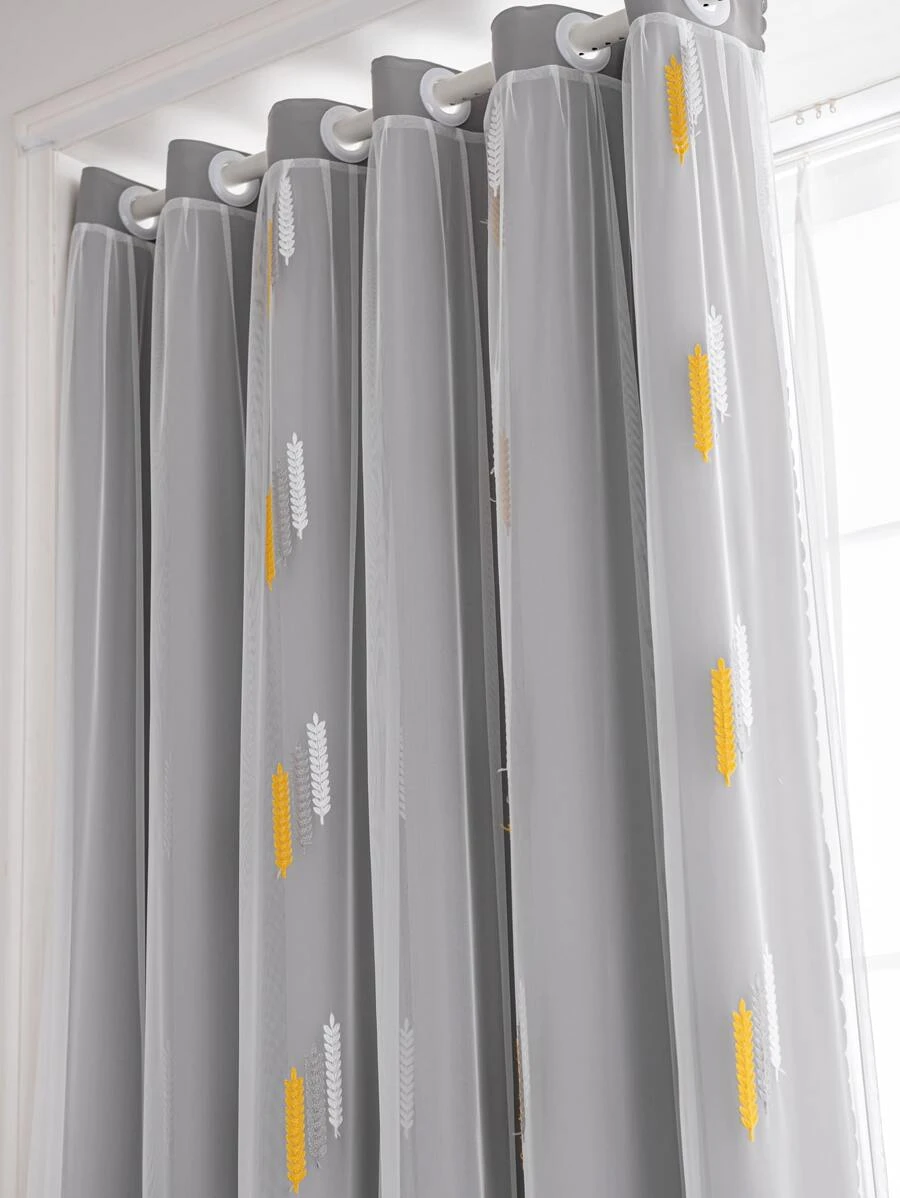 1pc Dual Layer Elegant Wheat Design Shading Curtain With Embroidered Sheer For Master Bedroom Living Room Sunscreen Gray - Grey - View 1