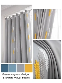 1pc Dual Layer Elegant Wheat Design Shading Curtain With Embroidered Sheer For Master Bedroom Living Room Sunscreen Gray - Grey - View 7