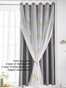 1pc Dual Layer Elegant Wheat Design Shading Curtain With Embroidered Sheer For Master Bedroom Living Room Sunscreen Gray - Grey - View 3