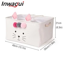 Inwagui 1pc White Cat Storage Basket Fabric Rectangular Storage Box with Drawstring Foldable Storage Organizer for Toys, Clothes, Books - White - View 2