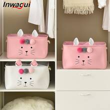 Inwagui 1pc White Cat Storage Basket Fabric Rectangular Storage Box with Drawstring Foldable Storage Organizer for Toys, Clothes, Books - White - View 5