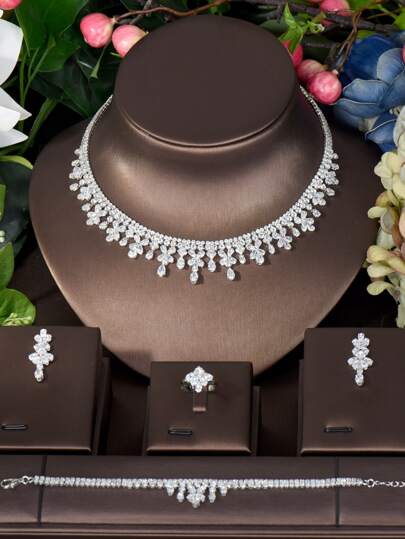 1 Set 4pcs Luxury Statement Chunky CZ Stones Big Tassel Wedding Bridal Necklace Jewelry Sets For Party