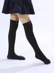 女孩卡通貓貓圖案褲襪 - 黑色 - 查看 4