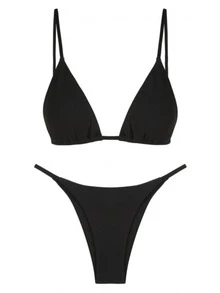 Solid Triangle Thong Bikini - Black - View 2