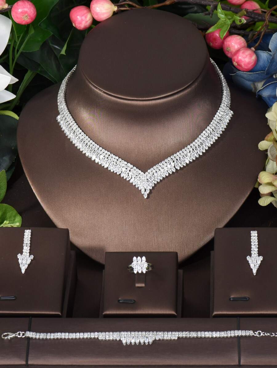 1 Bộ trang sức cưới sang trọng hình lá rơi đính đá CZ Dubai Nigeria cỡ lớn 4 chiếc Bộ trang sức cưới cho phụ nữ - Bạc - Xem 1