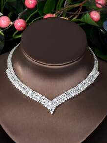 1 Bộ trang sức cưới sang trọng hình lá rơi đính đá CZ Dubai Nigeria cỡ lớn 4 chiếc Bộ trang sức cưới cho phụ nữ - Bạc - Xem 4