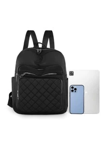 LECEY Lightweight,Portable Black Minimalist Backpack Quilted Zipper Medium - Black - View 5