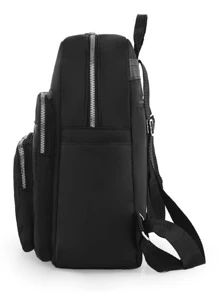 LECEY Lightweight,Portable Black Minimalist Backpack Quilted Zipper Medium - Black - View 7