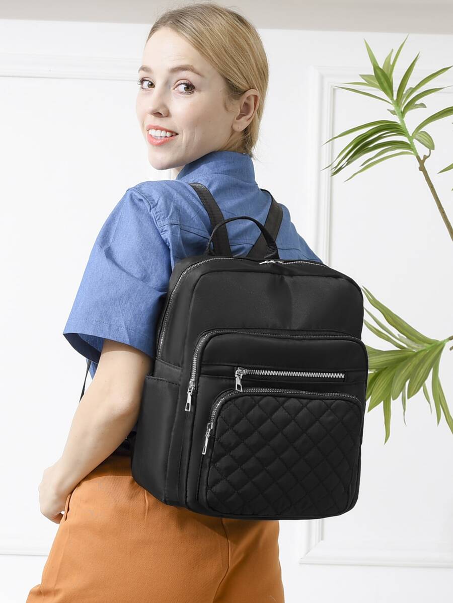 LECEY Lightweight,Portable Black Minimalist Backpack Quilted Zipper Medium - Black - View 1