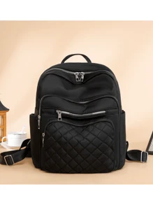 LECEY Lightweight,Portable Black Minimalist Backpack Quilted Zipper Medium - Black - View 2