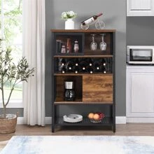 5-Tier Kitchen Bakers Rack with 10 S-Shaped Hooks, Industrial Microwave Oven Stand, Free Standing Kitchen Utility Cart Storage Shelf Organizer (Rustic Brown) - Black - View 6