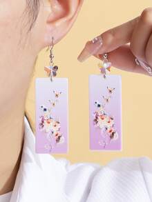 1 对新款时尚清新几何亚克力立体印花花朵蝴蝶耳环女士时尚产品优雅配色女生珠宝夏季度假风格
