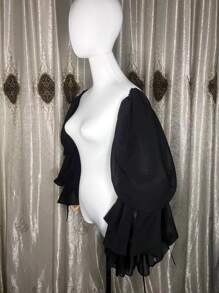 Chiffon Black Tie-Up Petal Sleeve Bridal Dress - Black - View 3