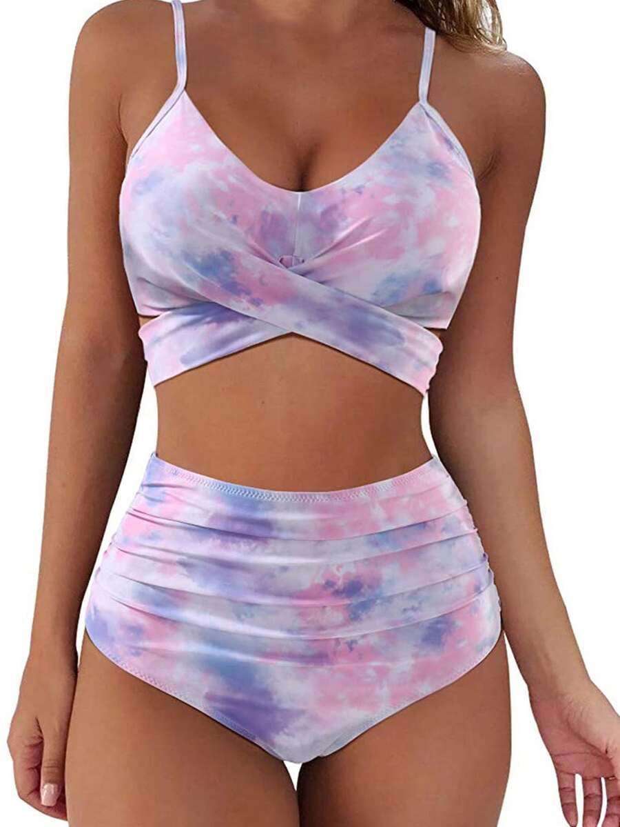 Tie Dye Ruched High Waisted Bikini Summer - Mauve Purple - View 1
