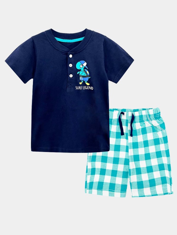 Young Boy Cartoon Graphic Tee & Gingham Shorts