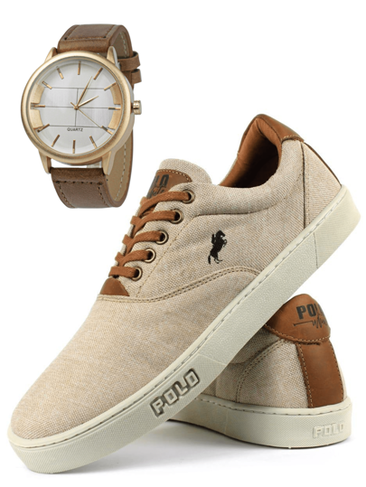 Sapatênis Masculino Casual Bege Polo Witby em Lona Original Esporte Fino Costurado E Relogio Social