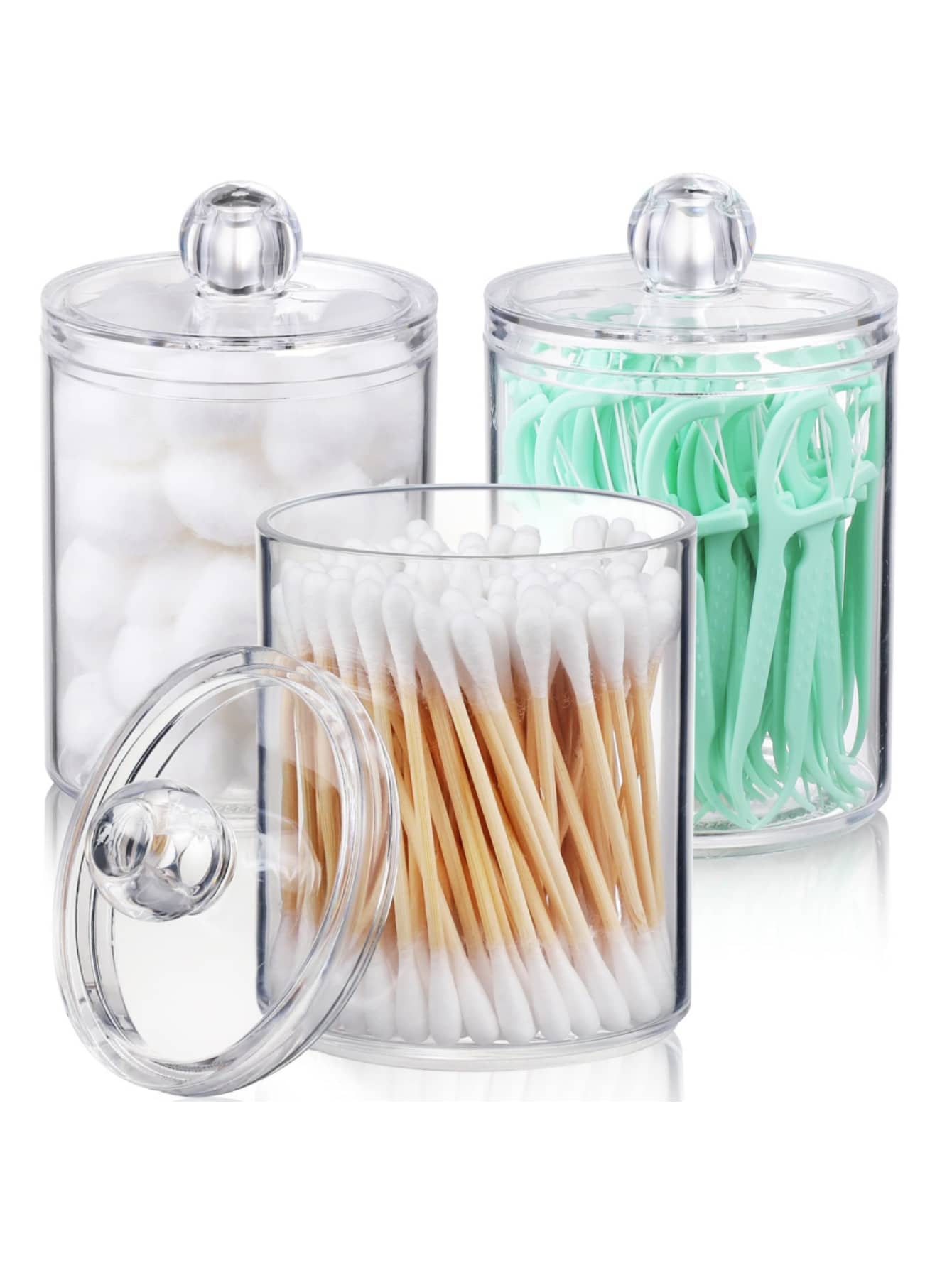 Conjunto de 1 porta-cotonetes, discos de algodão e fio dental em plástico transparente, ideal para organizar seus itens de higiene pessoal no banheiro. Perfeito para penteadeira e organização de maquiagem. - Claro - Ver 1