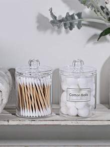 Conjunto de 1 porta-cotonetes, discos de algodão e fio dental em plástico transparente, ideal para organizar seus itens de higiene pessoal no banheiro. Perfeito para penteadeira e organização de maquiagem. - Claro - Ver 2