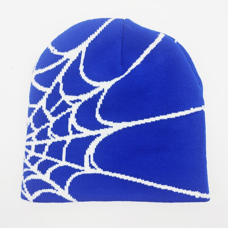 New Street Hip-hop Style Knitted Hat, Fashionable, All-match, Spiderweb Jacquard Winter Beanie Cap, Unisex, Warm And Cartoon Cold Hat - Blue and White - View 1
