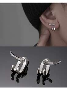 1對男性龐克耳環角形狀懸垂耳環帶可拆卸簡約風曲線鉤適用於嘻哈風格 - 白色 - 查看 3