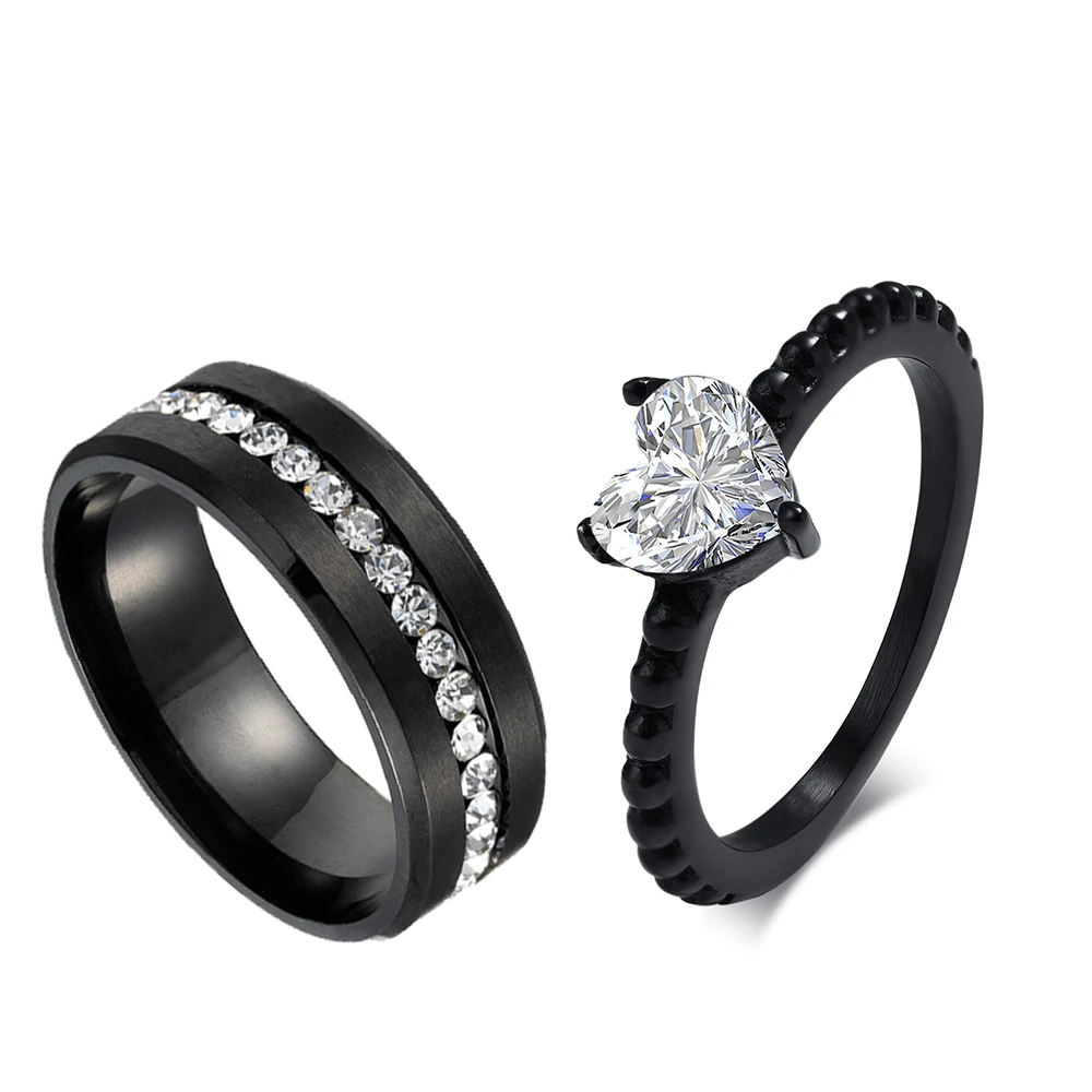 2 piezas/set pareja anillos de acero inoxidable boda Anillo de compromiso Conjunto - Negro - Ver 1