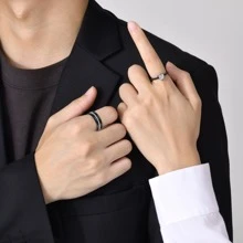 2 piezas/set pareja anillos de acero inoxidable boda Anillo de compromiso Conjunto - Negro - Ver 2