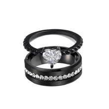 2 piezas/set pareja anillos de acero inoxidable boda Anillo de compromiso Conjunto - Negro - Ver 3