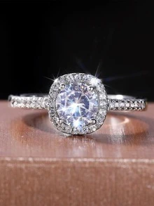 1pc Luxury Cubic Zirconia Square Decor Ring For Women For Party - Silver - View 4