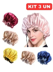Kit 3 Toucas De Cetim Ajustável Dupla Face Para Dormir Anti Frizz Protege E Alinha o Cabelo - Multicolorido - Visão 2