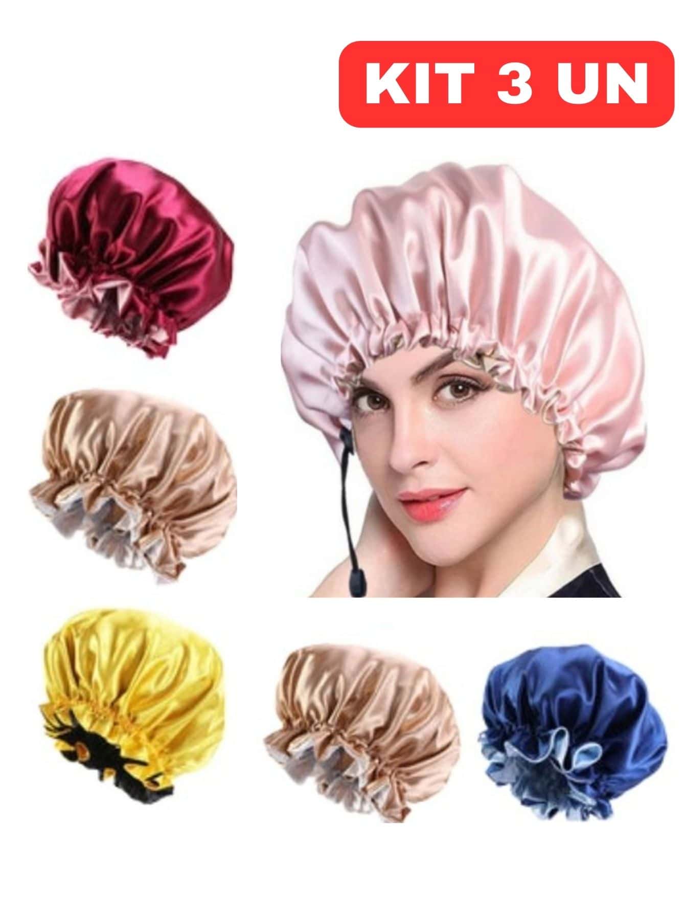 Kit 3 Toucas De Cetim Ajustável Dupla Face Para Dormir Anti Frizz Protege E Alinha o Cabelo