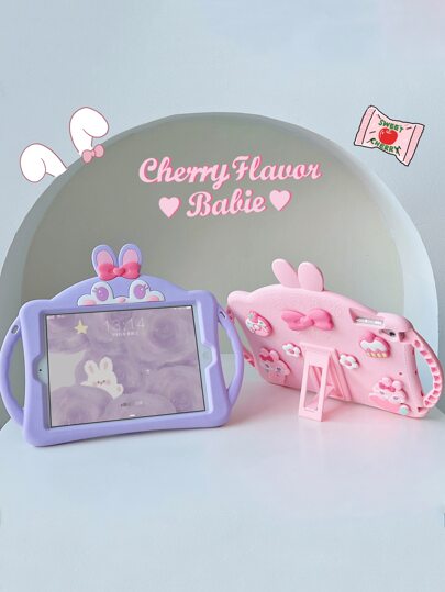 Apple Kids Ipad Case Pink 1pc Rabbit Design Anti-Fall Silicone Case With Holder Compatible With IPad & Compatible With IPad 9th Gen/IPad 10th Generation Kawaii