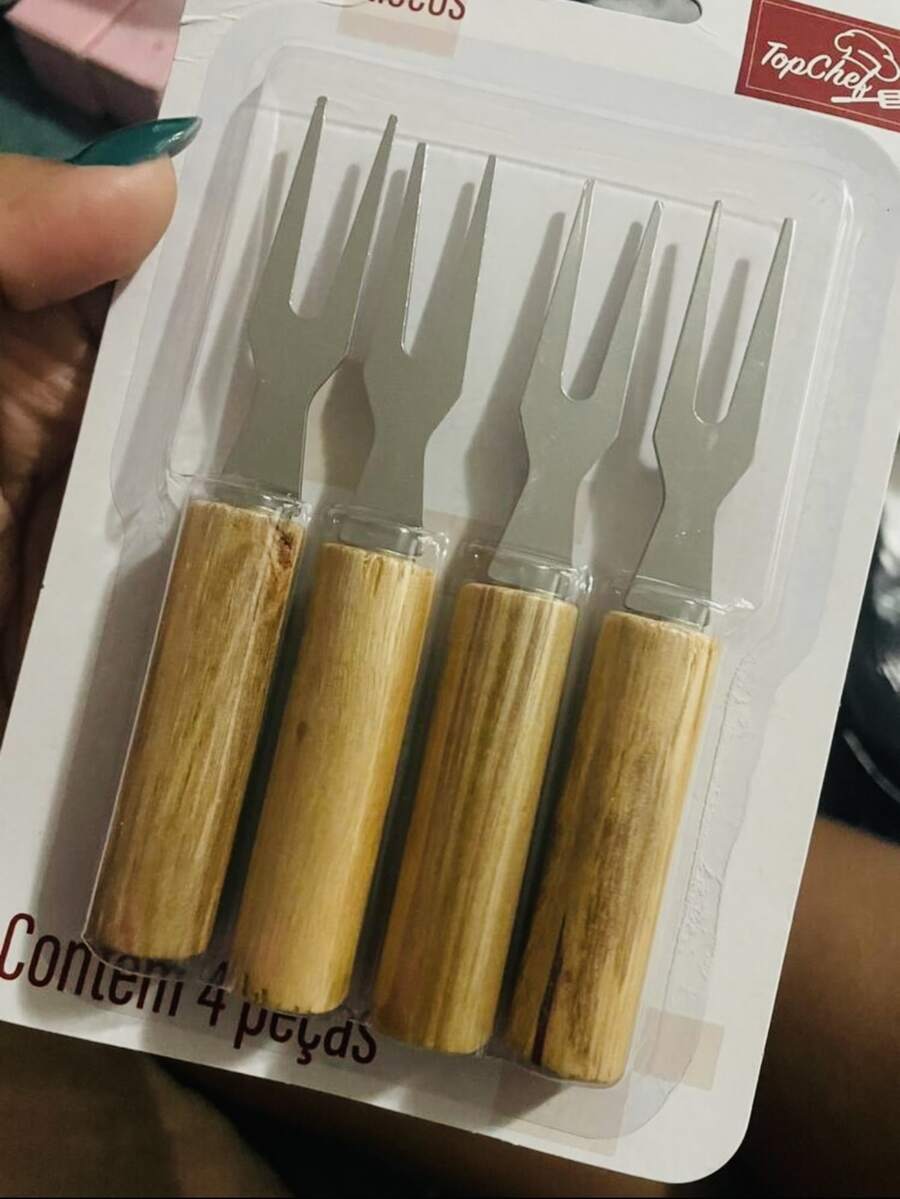 Runtoo Utilidades para Casa-Kit 4 Garfinho Para Frutas E Petiscos De Metal Cabo De Madeira - Caramelo - Visão 1