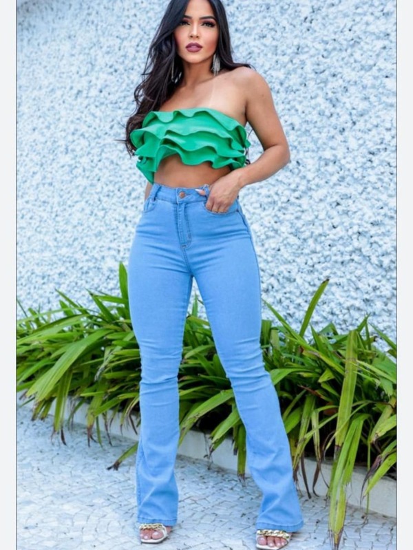 Calça Jeans Feminina Flare Lycra Azul Bebê Tecido Premium Ref: 0041
