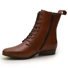Bota Coturno Feminino Cano Curto Em Couro Legítimo Com Zíper Saltinho Super Promoção - Caramelo - Visão 3