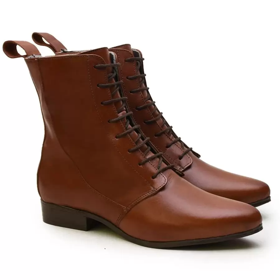 Bota Coturno Feminino Cano Curto Em Couro Legítimo Com Zíper Saltinho Super Promoção - Caramelo - Visão 1