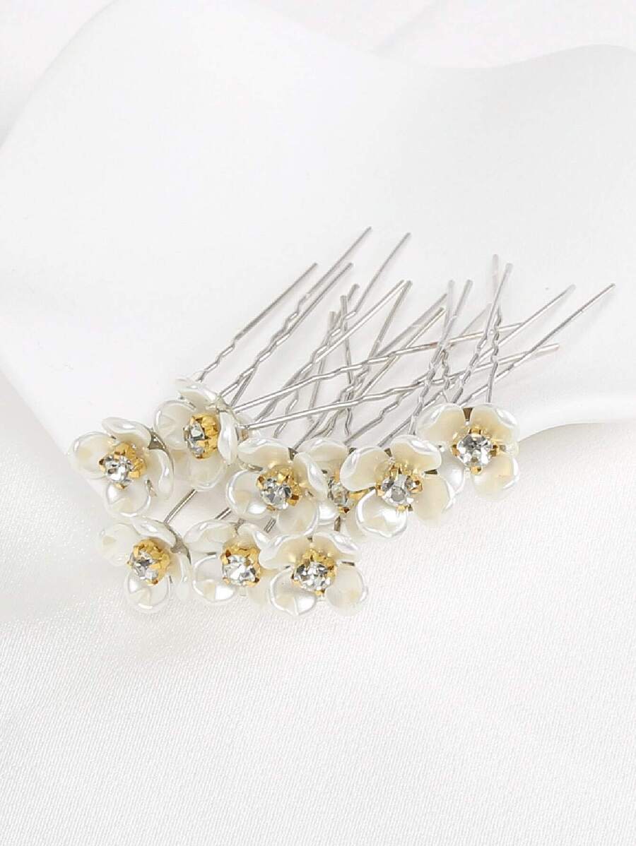 10 chiếc kẹp tóc hình hoa ngọc trai giả, phong cách cổ điển, lãng mạn, thanh lịch, phụ kiện tóc cô dâu, lược cài tóc lệch bên, thích hợp cho đám cưới, Ngày của Mẹ. - Bạc - Xem 1