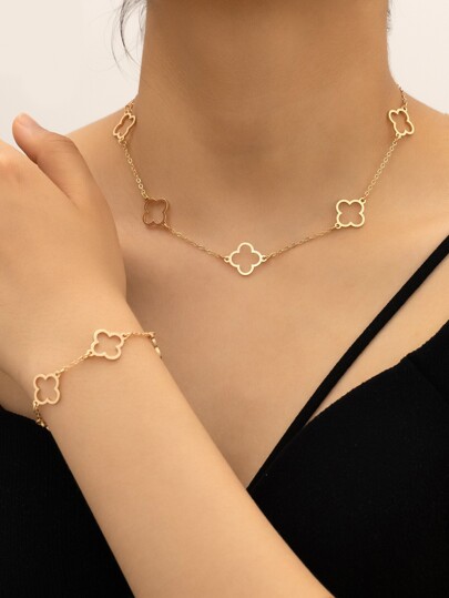 1pc Fashion Iron Alloy Four Leaf Clover Decor Necklace Bracelet Jewelry Set For Women For Decoration Gift Party Valentines,Mom,Mother,Mother's Day,Gift