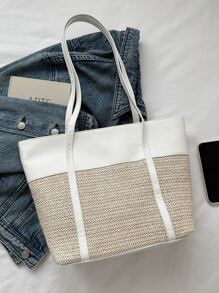 草编包女士新款大容量彩色单肩包编织纹理手提包通勤包 - 白色 - 查看 3