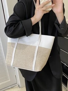 草编包女士新款大容量彩色单肩包编织纹理手提包通勤包 - 白色 - 查看 7