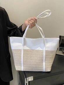 草编包女士新款大容量彩色单肩包编织纹理手提包通勤包 - 白色 - 查看 1