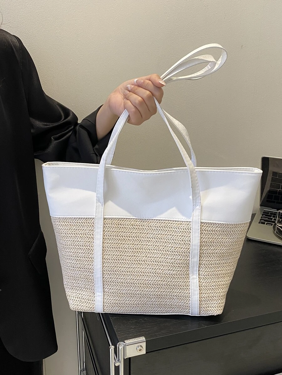 草编包女士新款大容量彩色单肩包编织纹理手提包通勤包 - 白色 - 查看 1