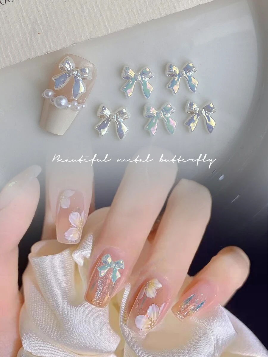 美甲装饰 3d 平底极光丝带蝴蝶结珍珠首饰，20 颗树脂水晶钢珠水钻细节复古韩式激光效果 DIY 适合家庭、派对、婚礼、情人节。适合女性、女孩、母亲、姐妹、妻子。可用于美甲沙龙和美容院 指甲饰品 指甲宝石 指甲用品 - 彩色 - 查看 1
