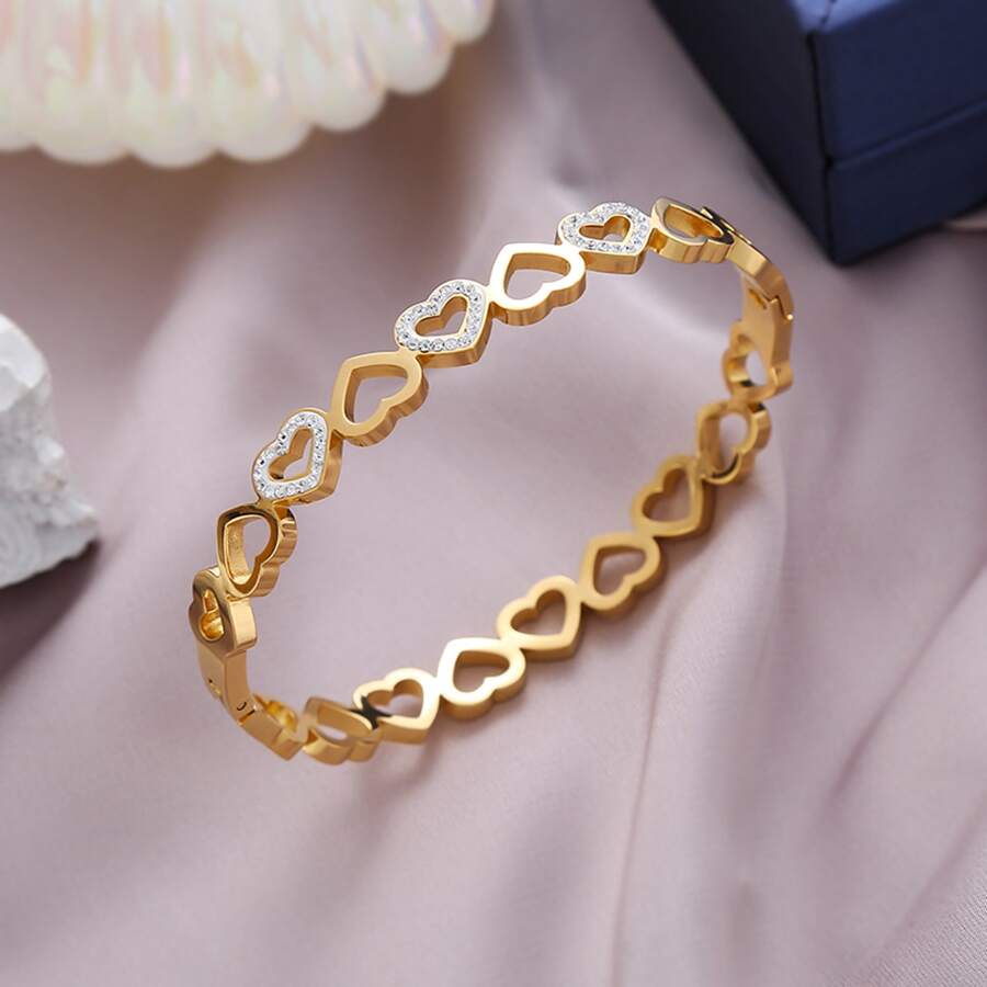 Elegante brazalete de acero inoxidable con corazón de strass decorativo para mujeres, ideal para uso diario, San Valentín, mamá, madre, Día de la Madre, como regalo - Dorado - Ver 1