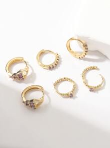 6入組/套簡約風和豪華紫色方晶鋯石鑲嵌幾何圓形設計女士耳環裝飾用品禮品 - 金黃色 - 查看 2