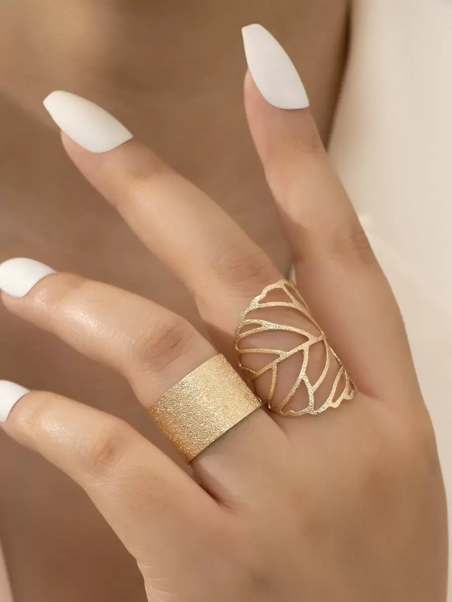 2入組歐美風格時尚女士戒指套裝 - 金黃色 - 查看 1